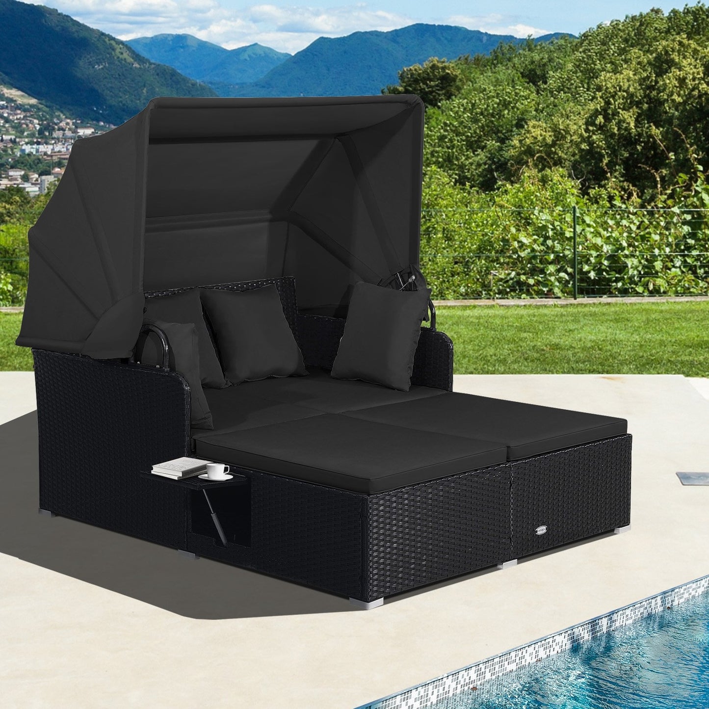 Patio Rattan Daybed with Retractable Canopy and Side Tables-Beige