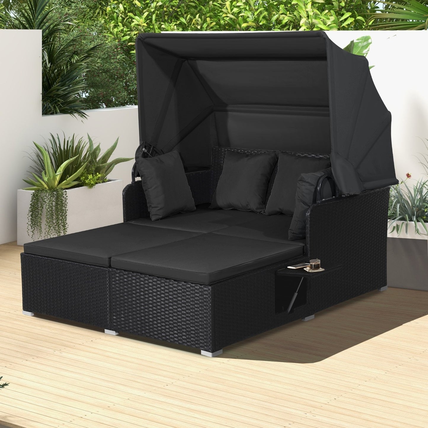 Patio Rattan Daybed with Retractable Canopy and Side Tables-Beige