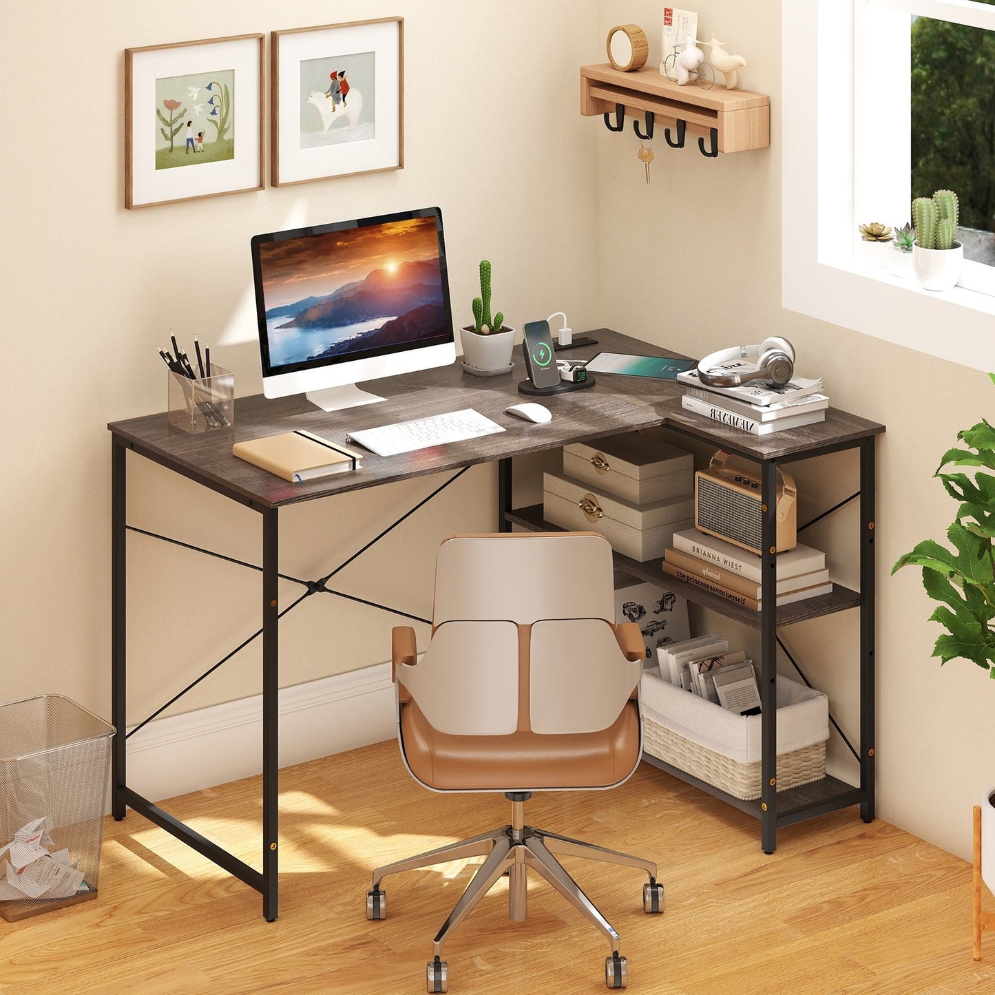 L-shaped 47 Inch Reversible Corner Desk with Adjustable Storage Shelves-Black