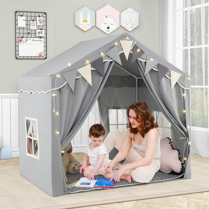 3-4 Kids Large Play Tent House with 2 Opening Doors and Star Lights-Beige