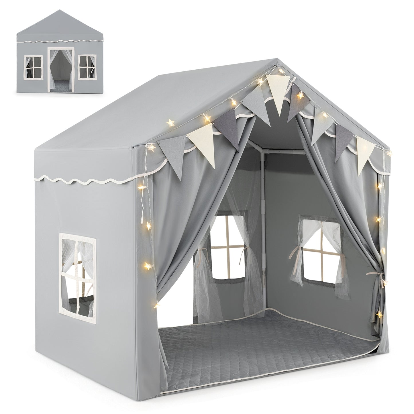 3-4 Kids Large Play Tent House with 2 Opening Doors and Star Lights-Beige