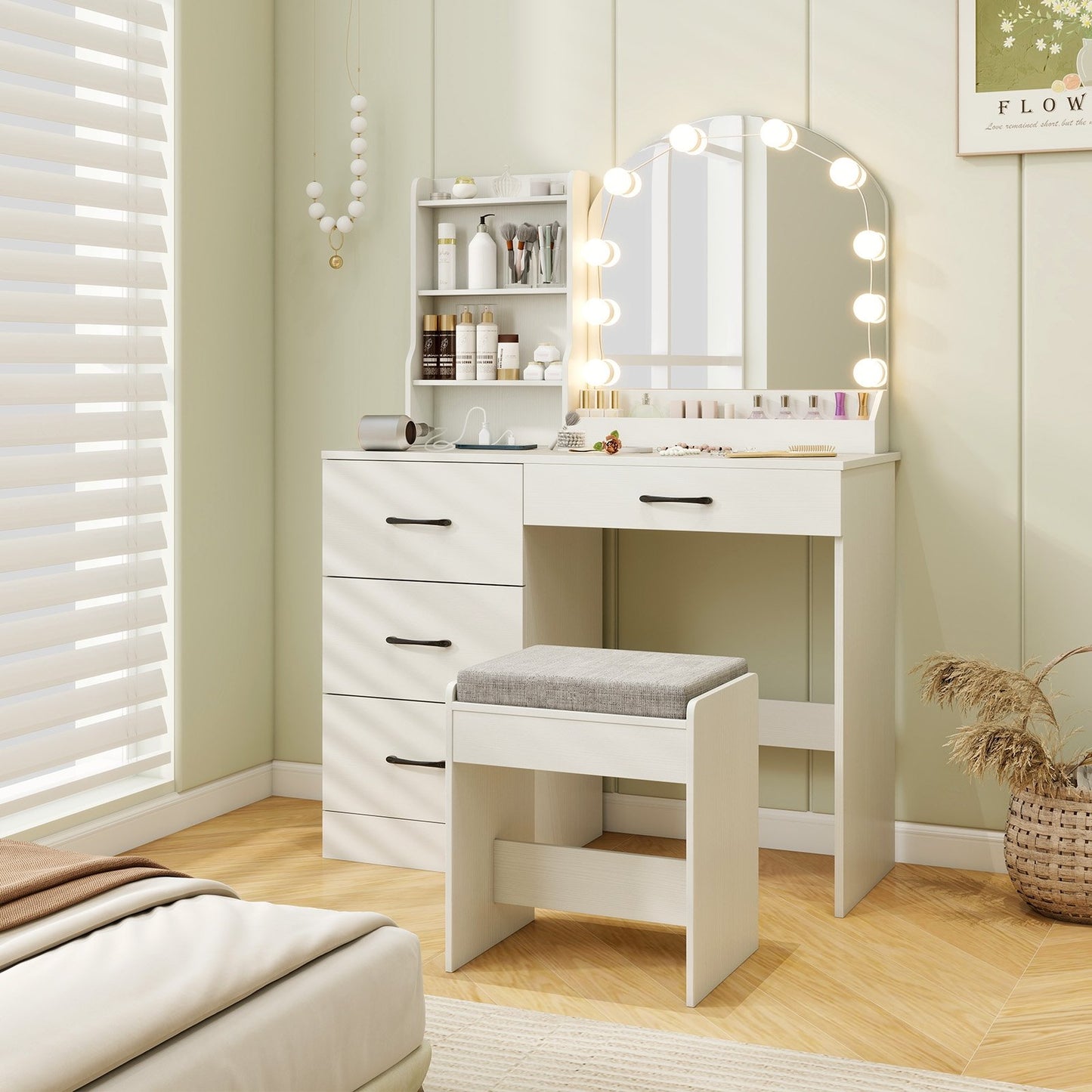 Makeup Vanity Desk Dressing Table and Stool Set with Mirror and Lights-Black