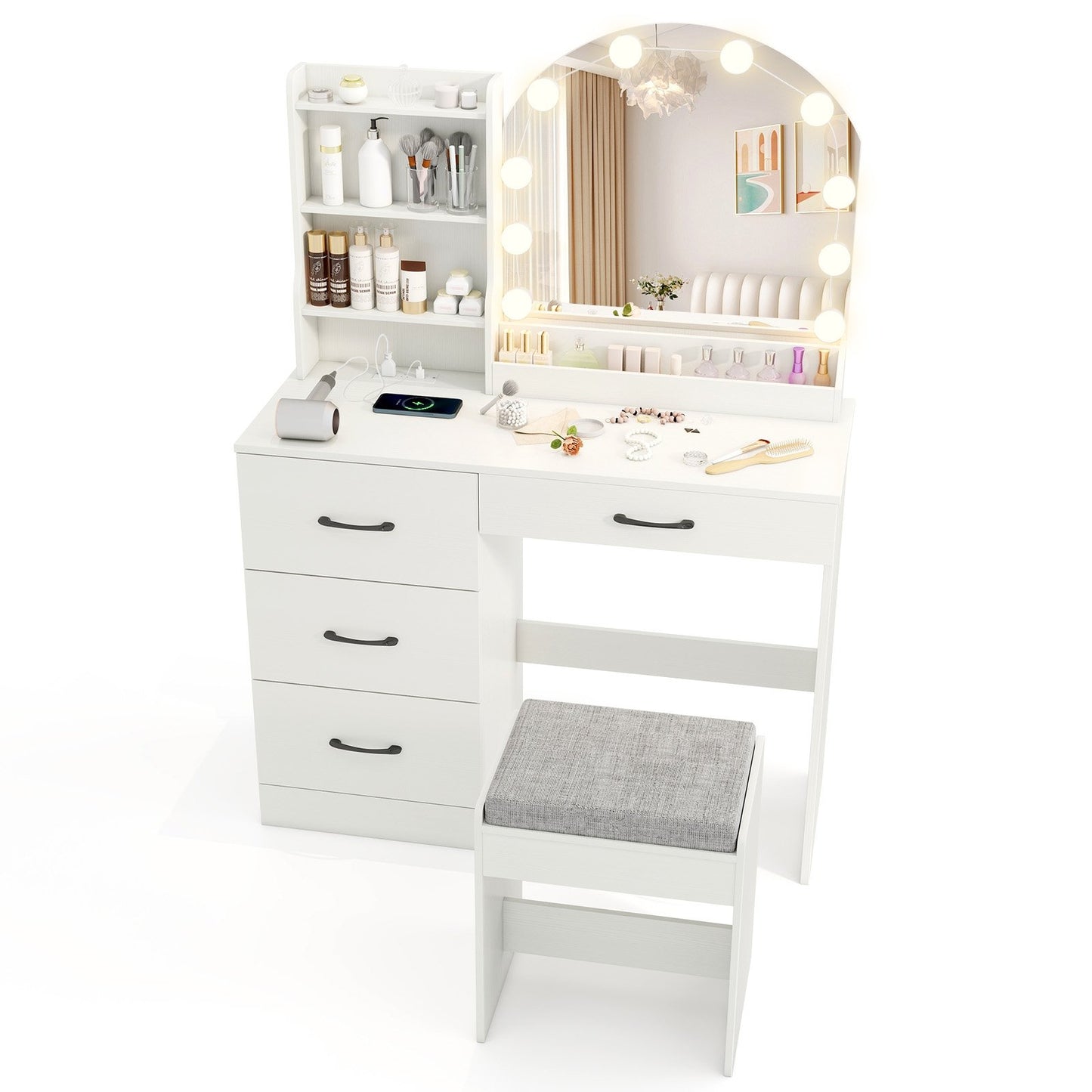 Makeup Vanity Desk Dressing Table and Stool Set with Mirror and Lights-Black