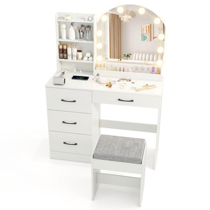 Makeup Vanity Desk Dressing Table and Stool Set with Mirror and Lights-Black