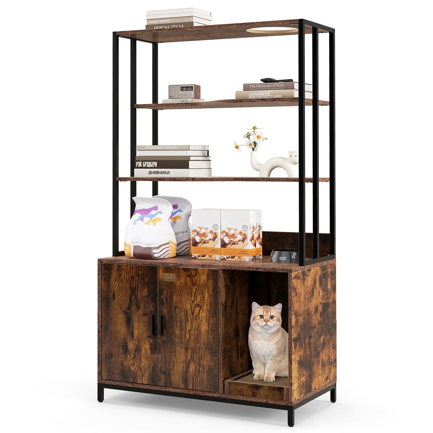 Cat Litter Box Enclosure with Storage and 3-tier Shelves-Rustic Brown