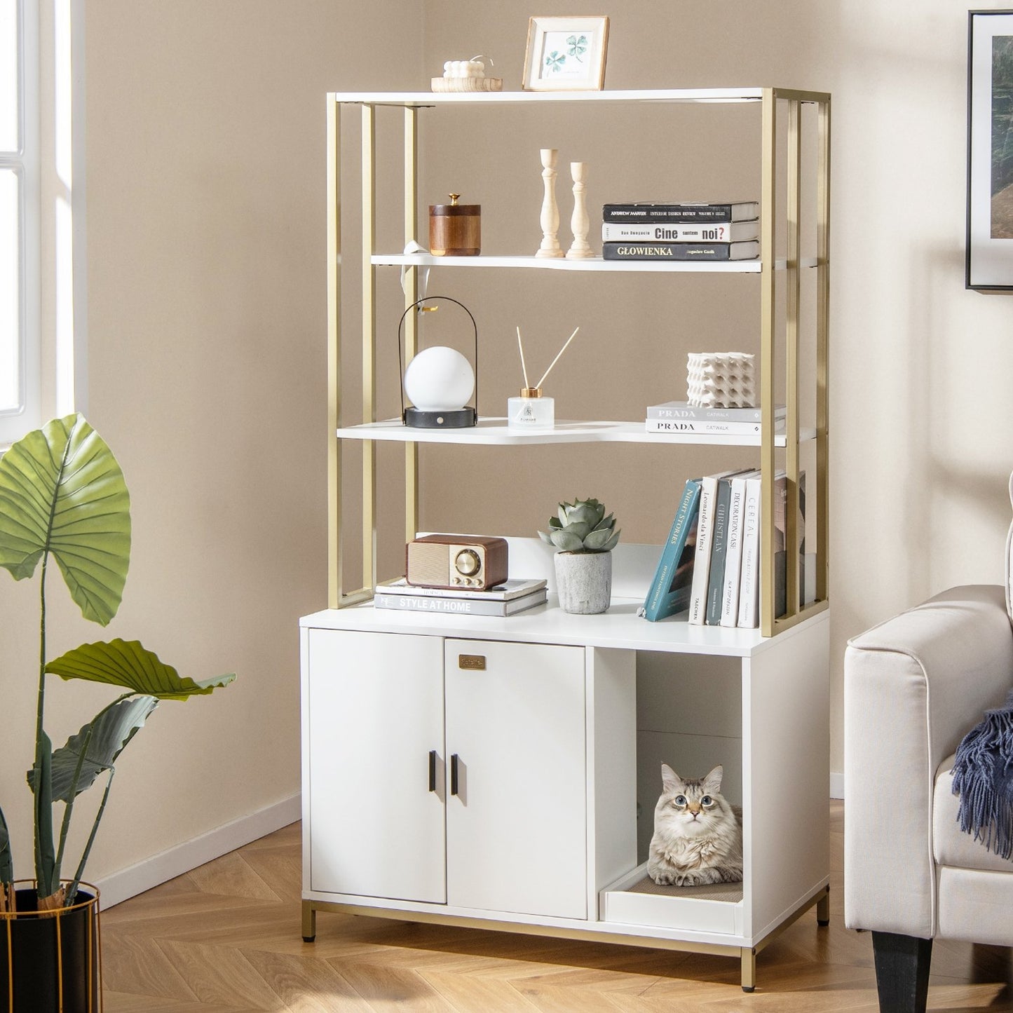 Cat Litter Box Enclosure with Storage and 3-tier Shelves-Rustic Brown