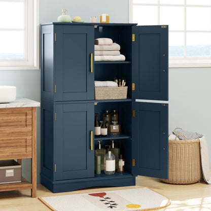 Bathroom Floor Storage Cabinet with 4 Doors and 2 Adjustable Shelves-Blue