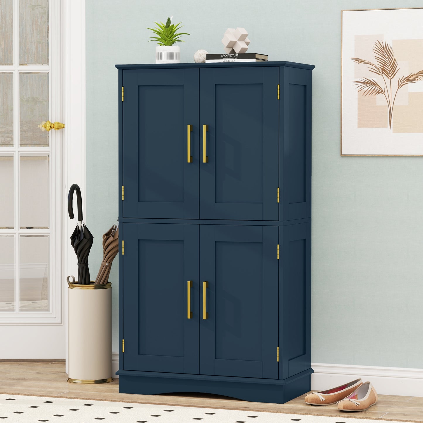 Bathroom Floor Storage Cabinet with 4 Doors and 2 Adjustable Shelves-Blue
