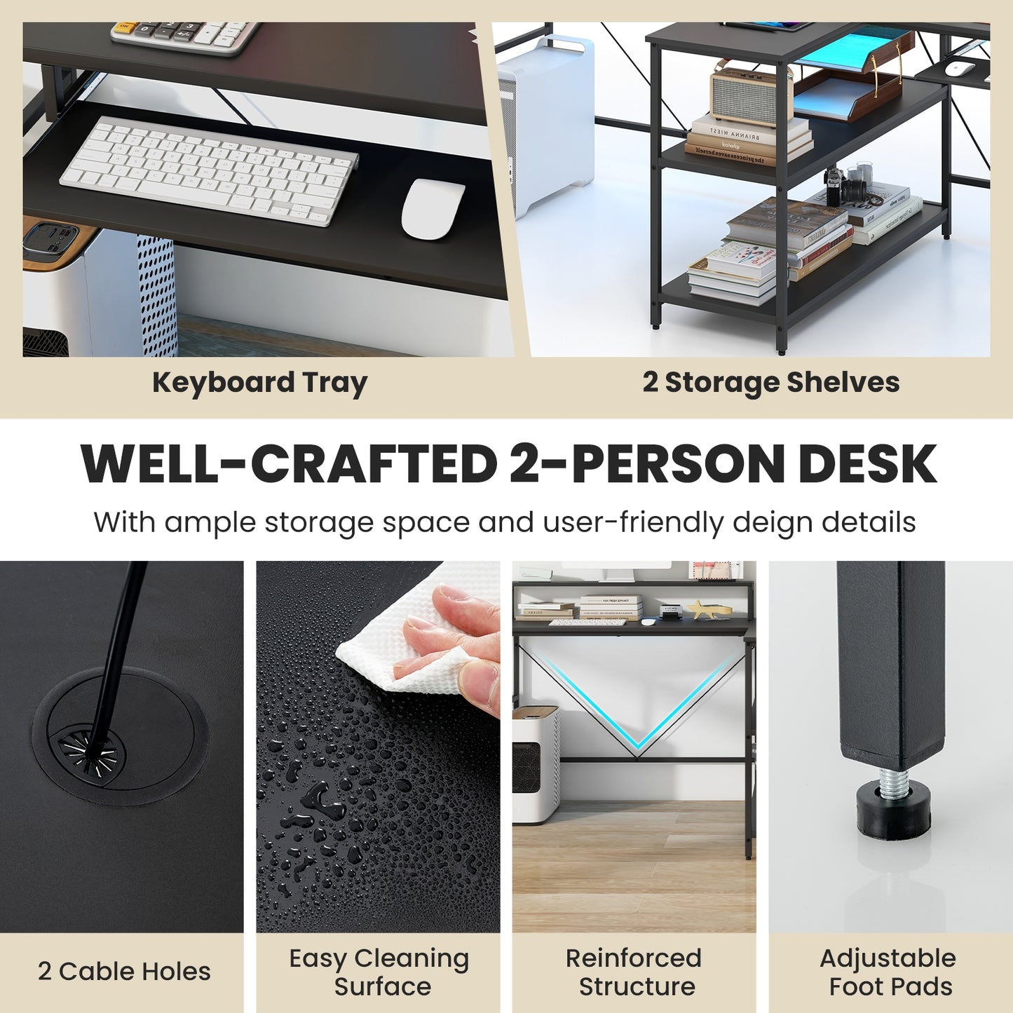 2-Person Reversible Computer Desk Long Office Desk with LED Lights-Black