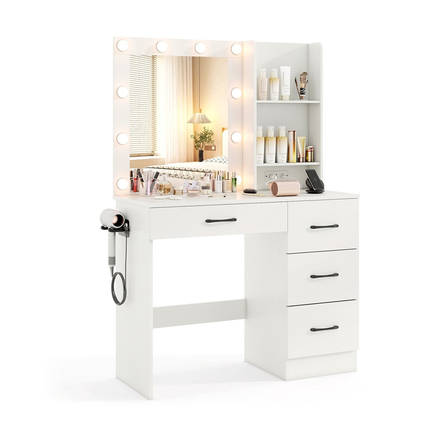 Vanity Desk with 3-Color Lights and Power Outlets-Black