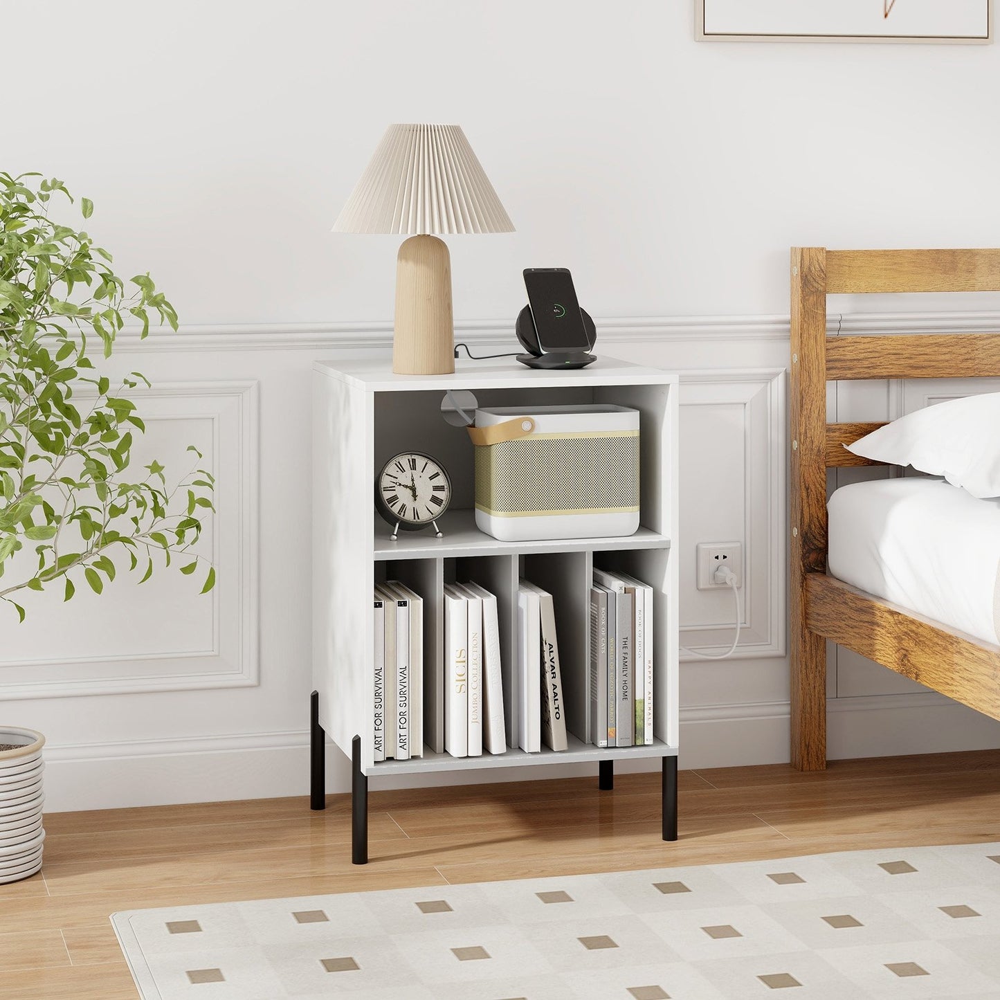 Record Player Stand with Record Storage Shelf and Charging Station-Black