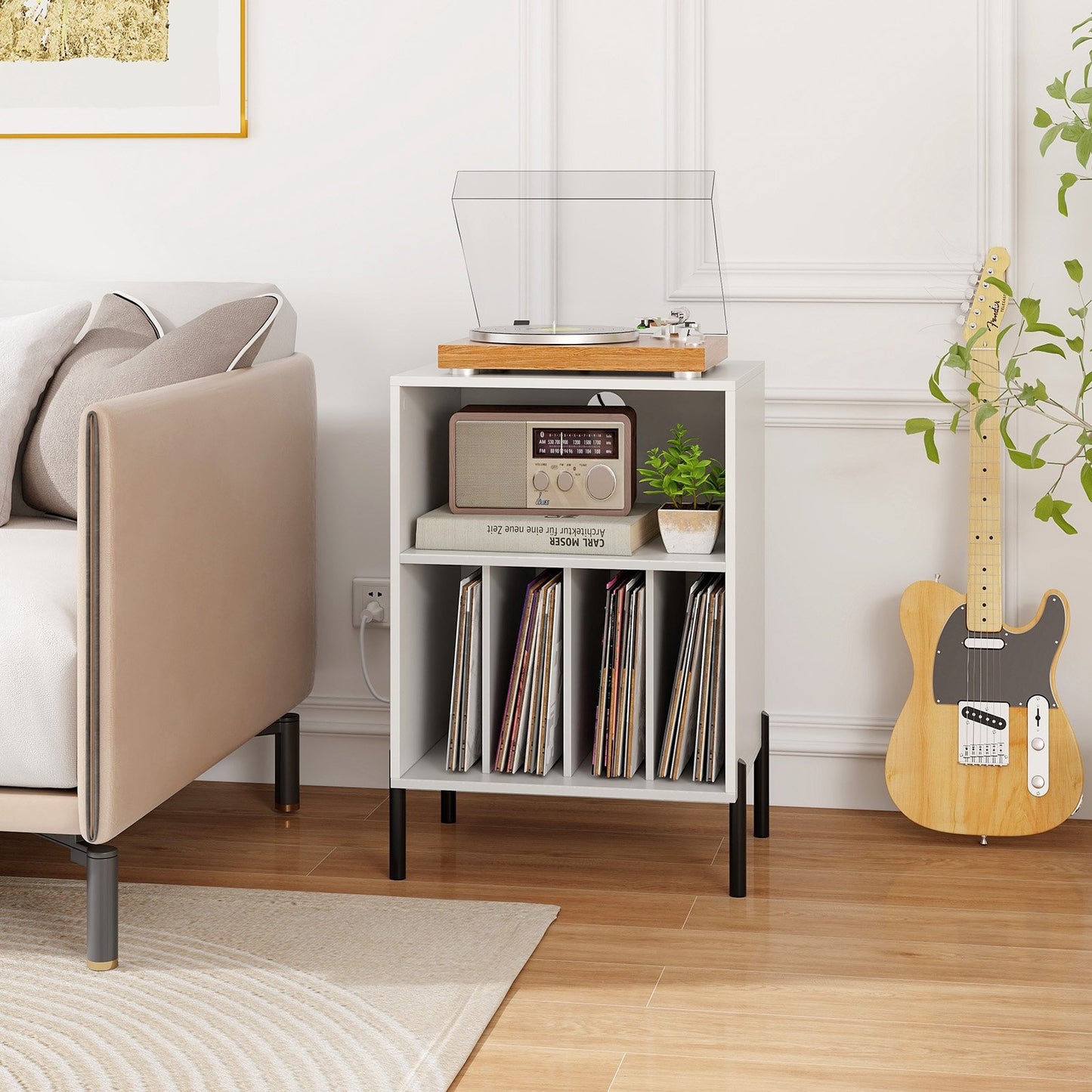 Record Player Stand with Record Storage Shelf and Charging Station-Black