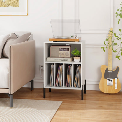 Record Player Stand with Record Storage Shelf and Charging Station-Black