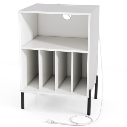 Record Player Stand with Record Storage Shelf and Charging Station-Black