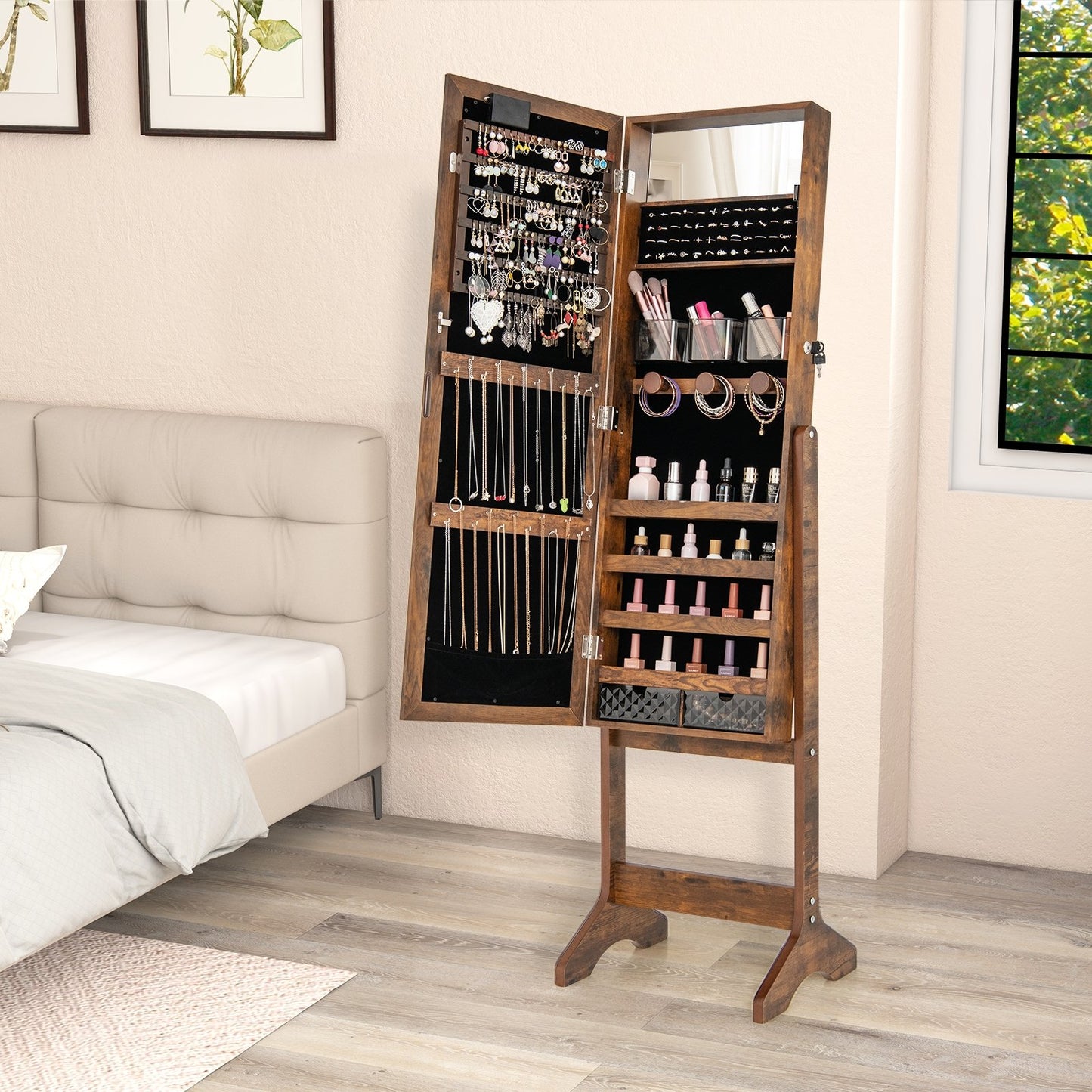 Mirror Jewelry Cabinet with 20 Warm Lights and 4 Tilt Angles-Black