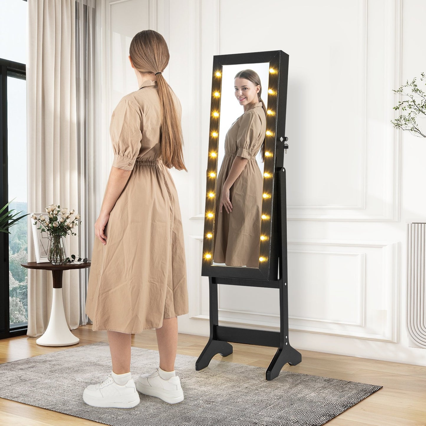 Mirror Jewelry Cabinet with 20 Warm Lights and 4 Tilt Angles-Black