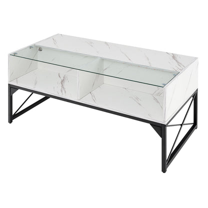 Center Table with Faux Marble and Tempered Glass Top-Black