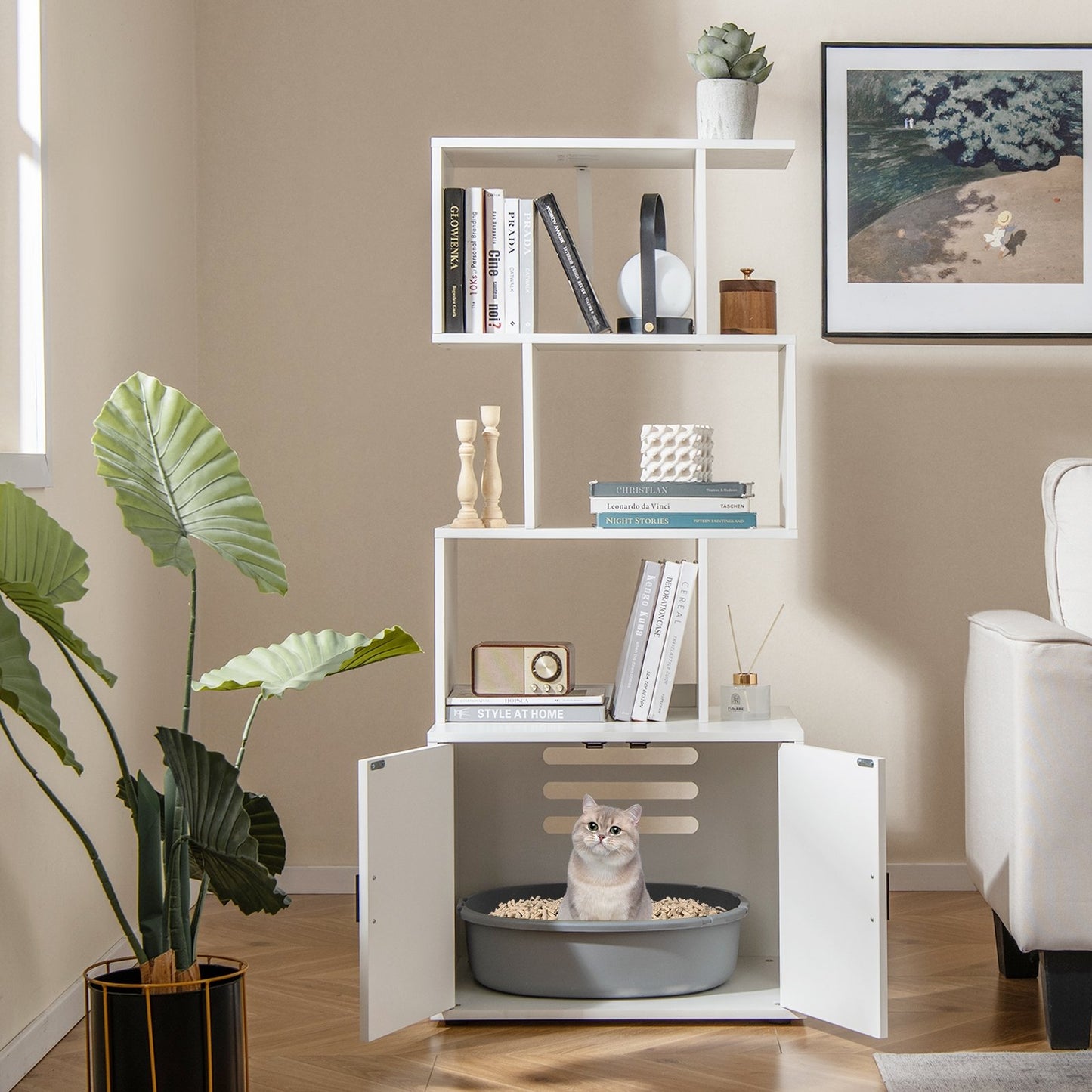 56 Inch Tall Cat Litter Box Enclosure with Storage-Rustic Brown