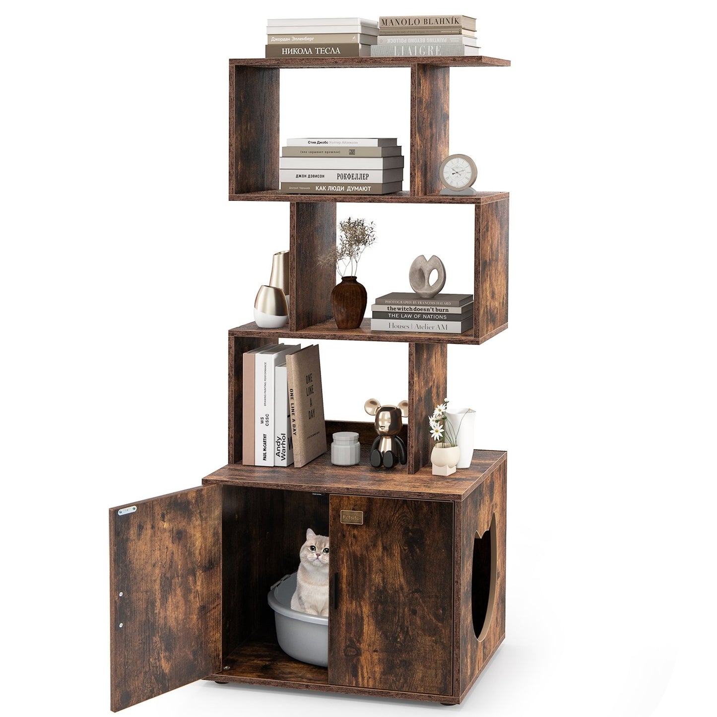 56 Inch Tall Cat Litter Box Enclosure with Storage-Rustic Brown