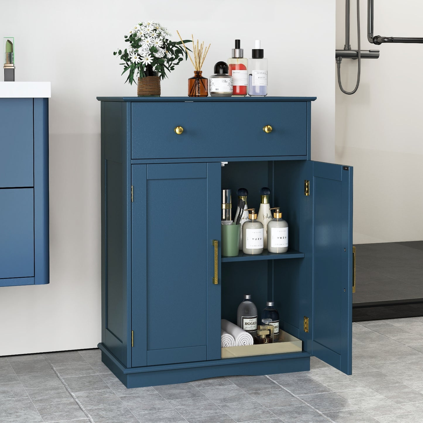 Floor Storage Cabinet with Doors Modern Buffet Sideboard with Drawer and Adjustable Shelf-Navy Blue