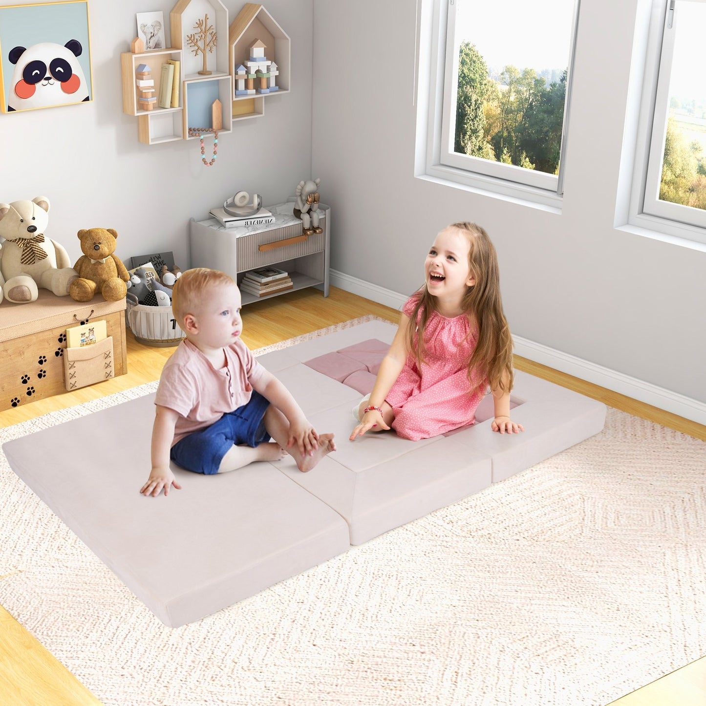 9-Piece Climb and Crawl Foam and Floor Playset with Breathable Suede Fabric-Beige