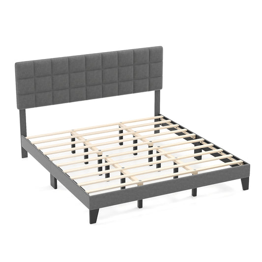 Gray queen size linen bed frame with adjustable headboard, modern design, sturdy furniture for bedroom decor and comfort.