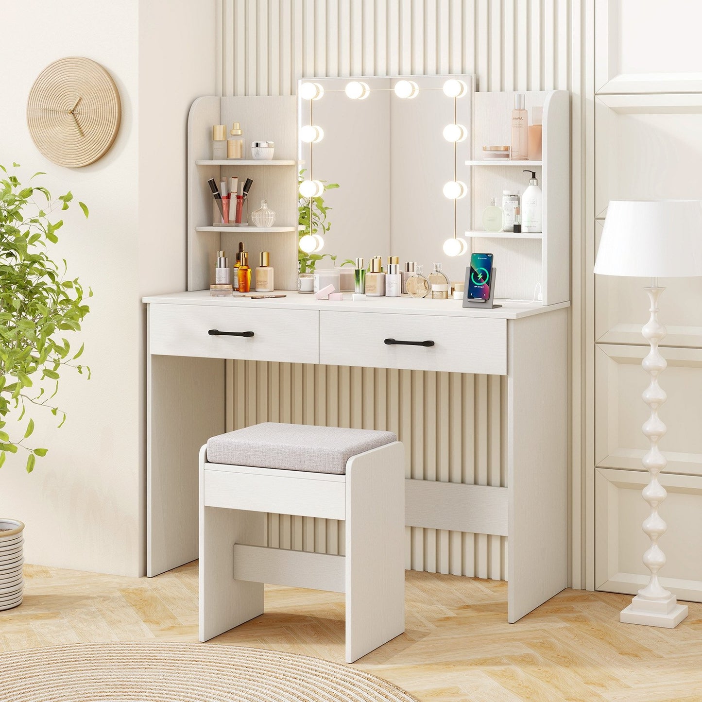 Vanity Set with Lighted Mirror and Stool with Power Outlet-Black
