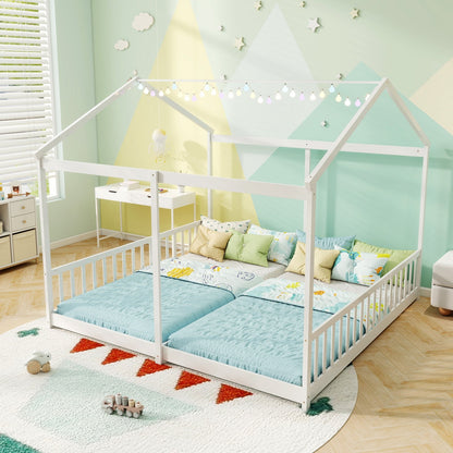 Double Floor Bed for Twins House Beds with Safety Guardrails for 2 Kids-White