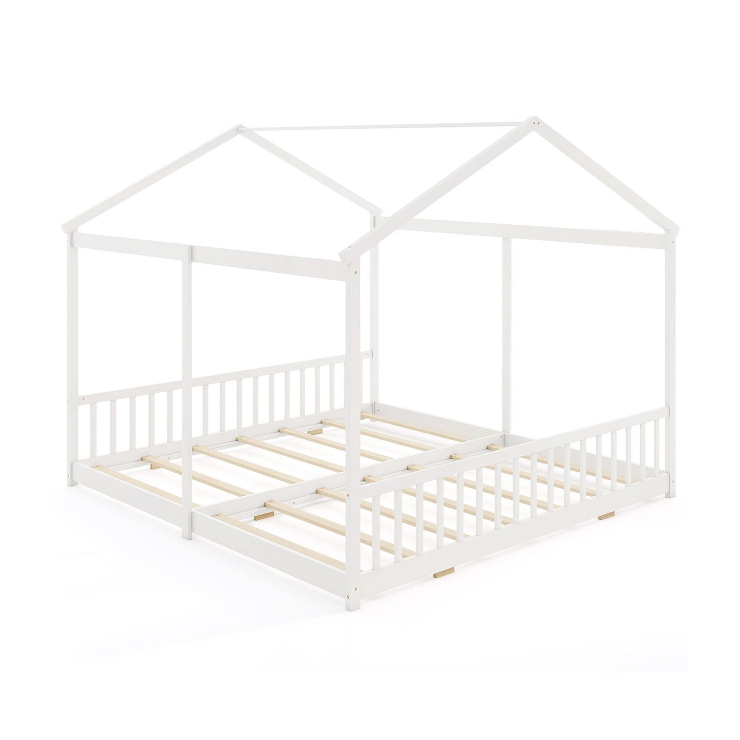 Double Floor Bed for Twins House Beds with Safety Guardrails for 2 Kids-White