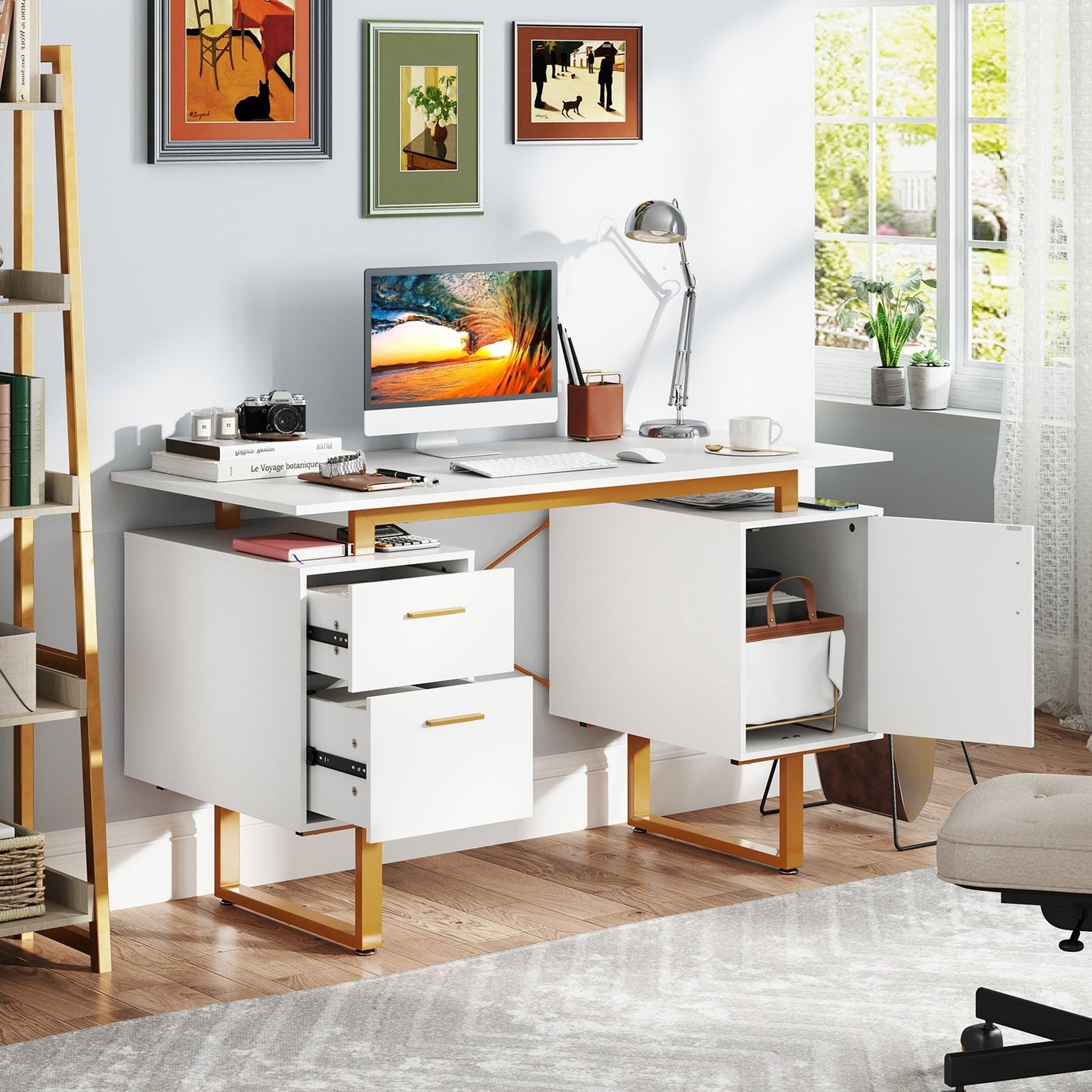51 Inch Computer Desk with Floating Desktop and Dual Drawers-White