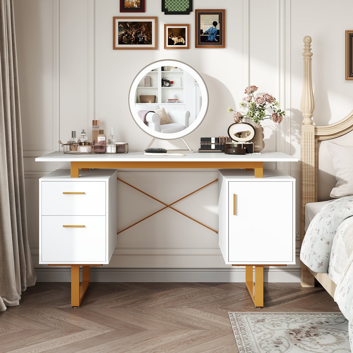 51 Inch Computer Desk with Floating Desktop and Dual Drawers-White
