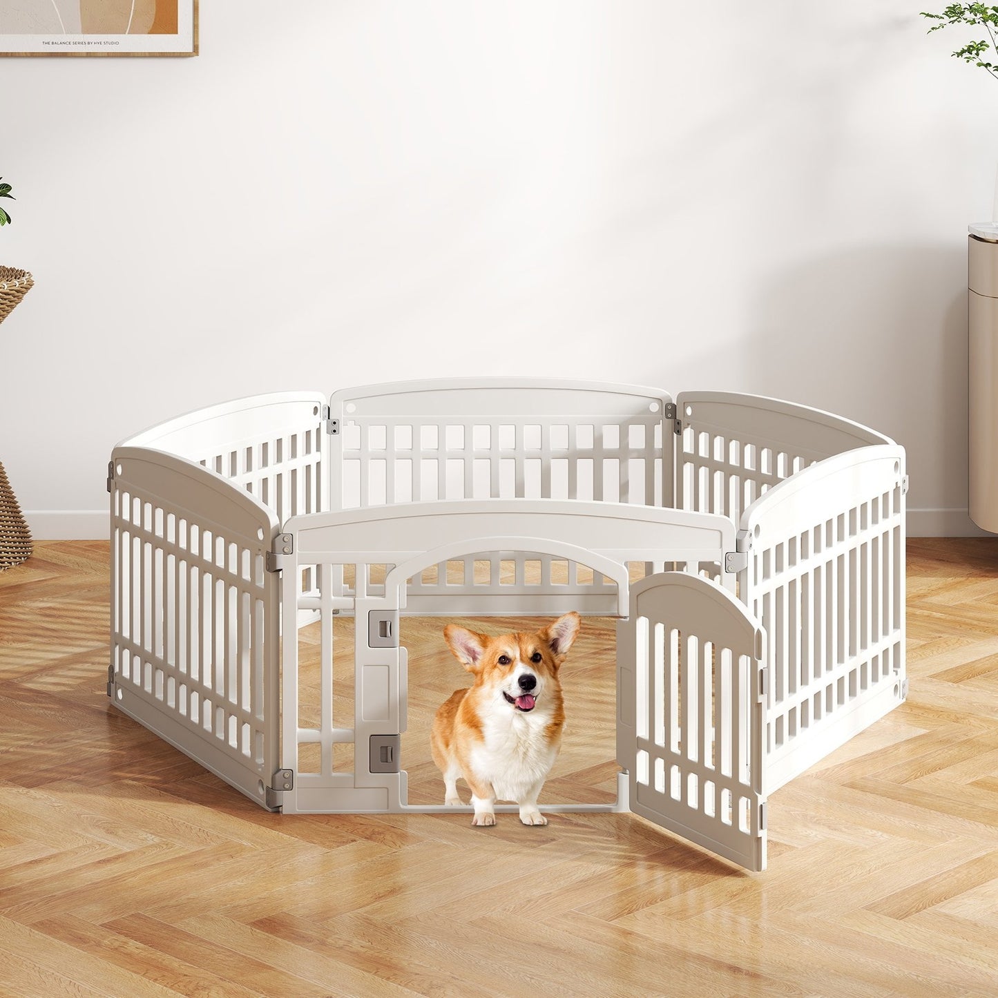 6-Panel Plastic Dog Playpen 24 Inch Indoor Outdoor Pet Fence with Locking Door-White