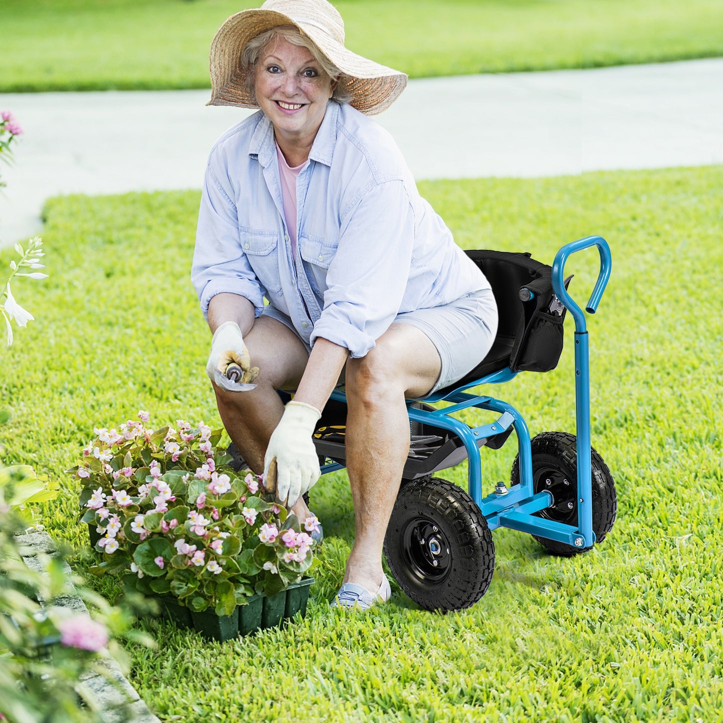 Cushioned Rolling Garden Cart Scooter with Storage Basket and Tool Pouch-Black & Red