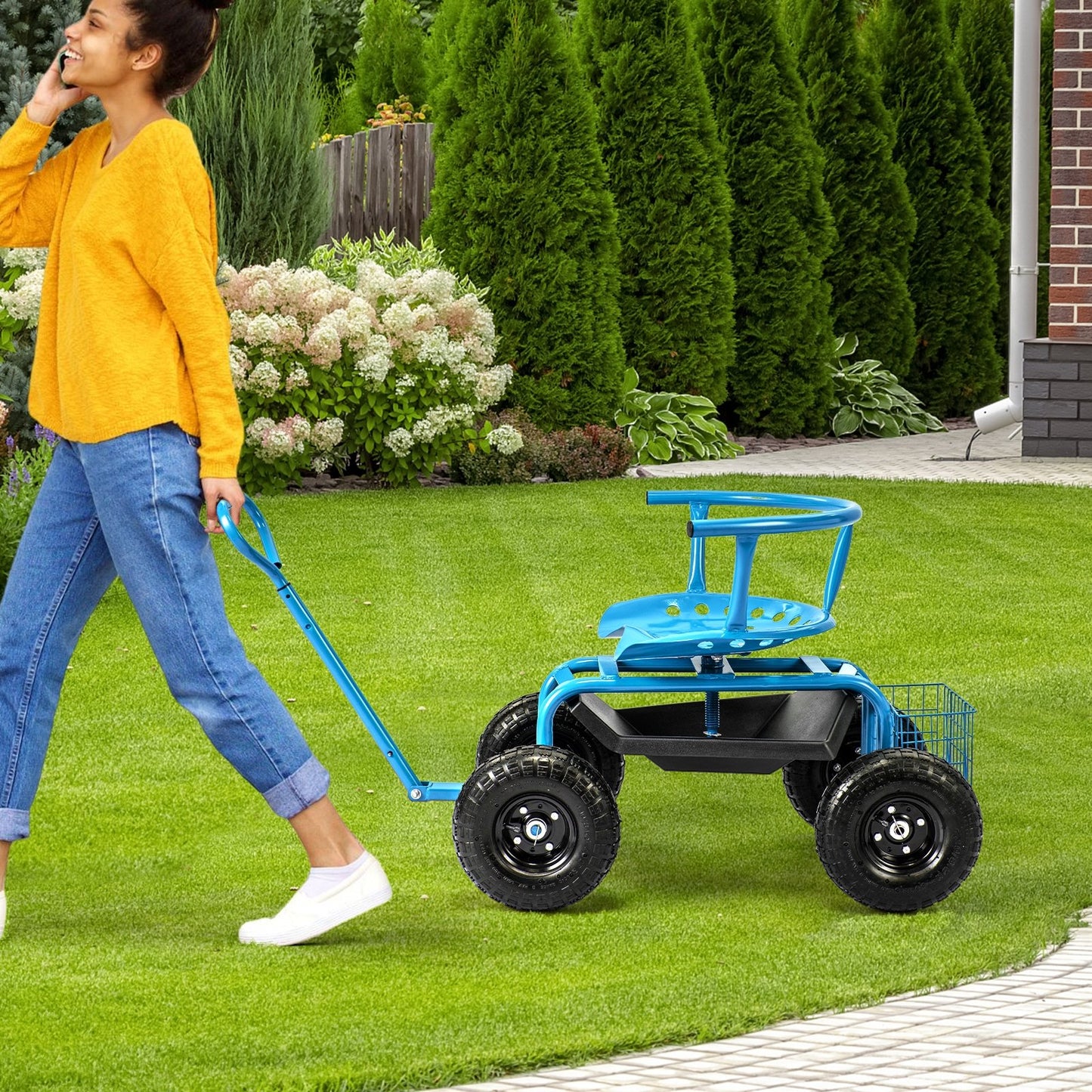 Cushioned Rolling Garden Cart Scooter with Storage Basket and Tool Pouch-Black & Red