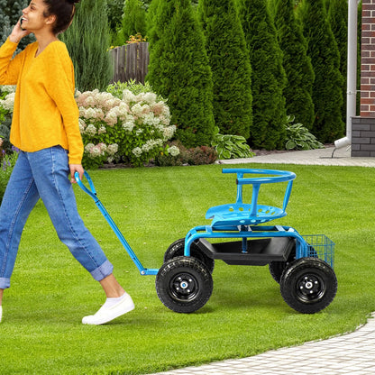 Cushioned Rolling Garden Cart Scooter with Storage Basket and Tool Pouch-Black & Red