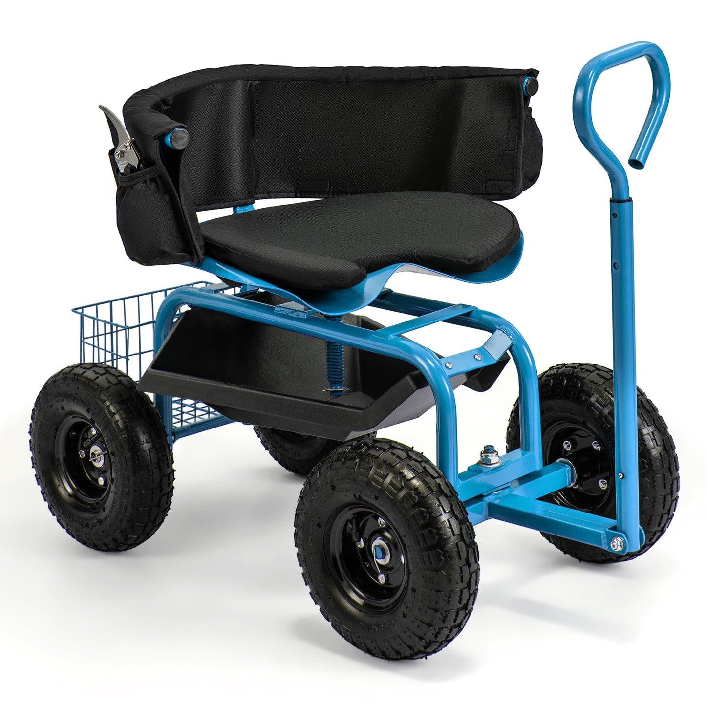 Cushioned Rolling Garden Cart Scooter with Storage Basket and Tool Pouch-Black & Red