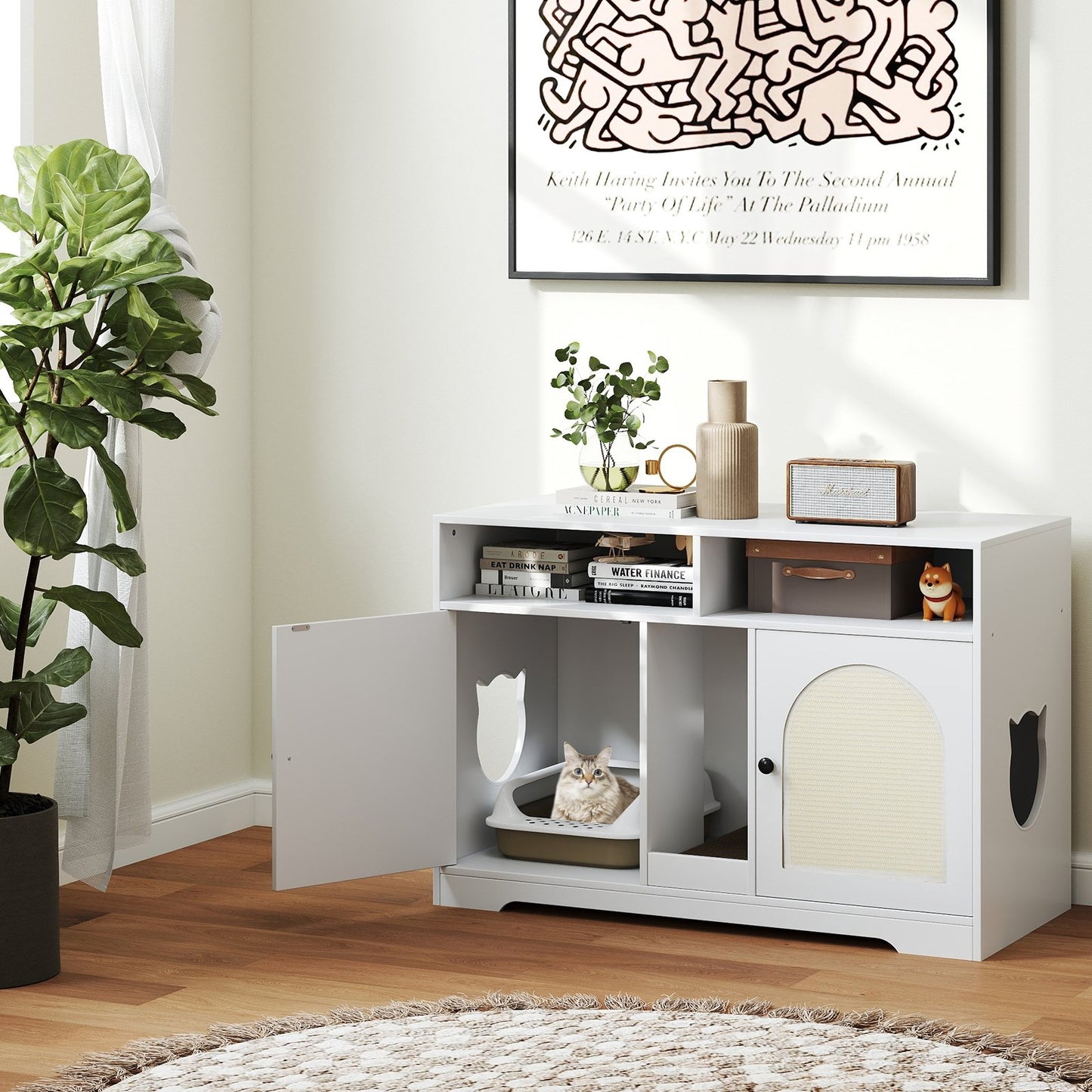 43 Inches Cat Litter Box Enclosure with Storage and Double Rooms-White