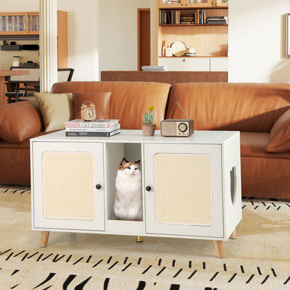 43 Inches Cat Litter Box Enclosure with Double Rooms and 2 Sisal Scratching Mats-Natural