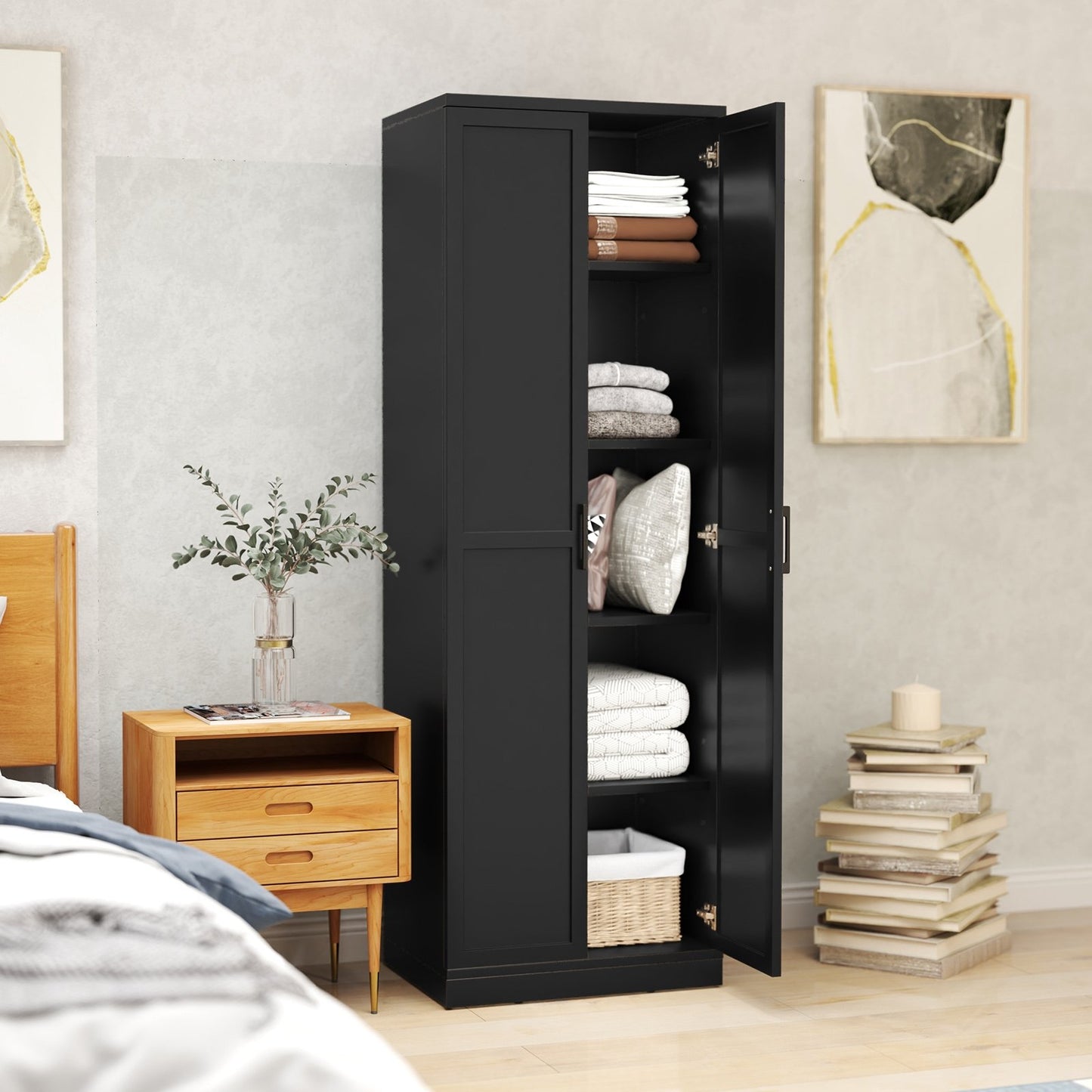 70 Inch Freestanding Storage Cabinet with 2 Doors and 5 Shelves-Black