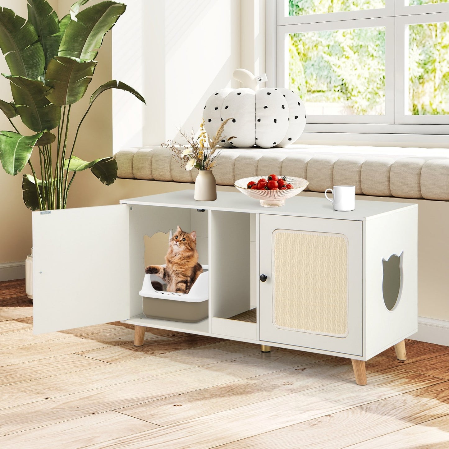 43 Inches Cat Litter Box Enclosure with Double Rooms and 2 Sisal Scratching Mats-Natural