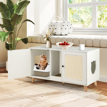 43 Inches Cat Litter Box Enclosure with Double Rooms and 2 Sisal Scratching Mats-Natural