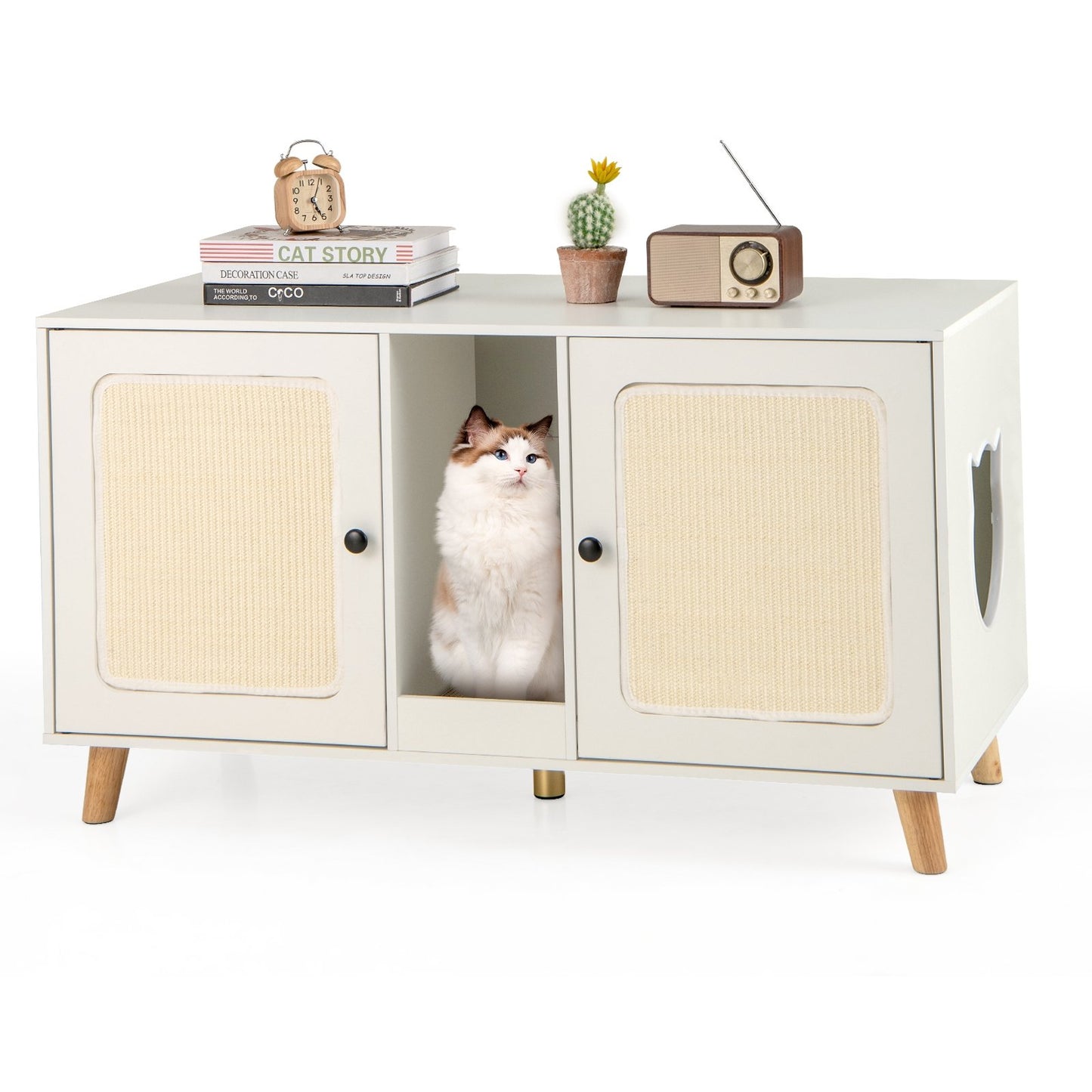43 Inches Cat Litter Box Enclosure with Double Rooms and 2 Sisal Scratching Mats-Natural