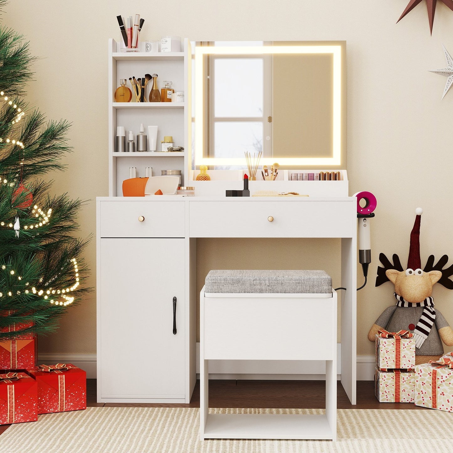 Vanity Dressing Table and Chair Set with Mirror and Lights-Black