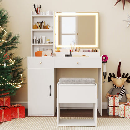 Vanity Dressing Table and Chair Set with Mirror and Lights-Black