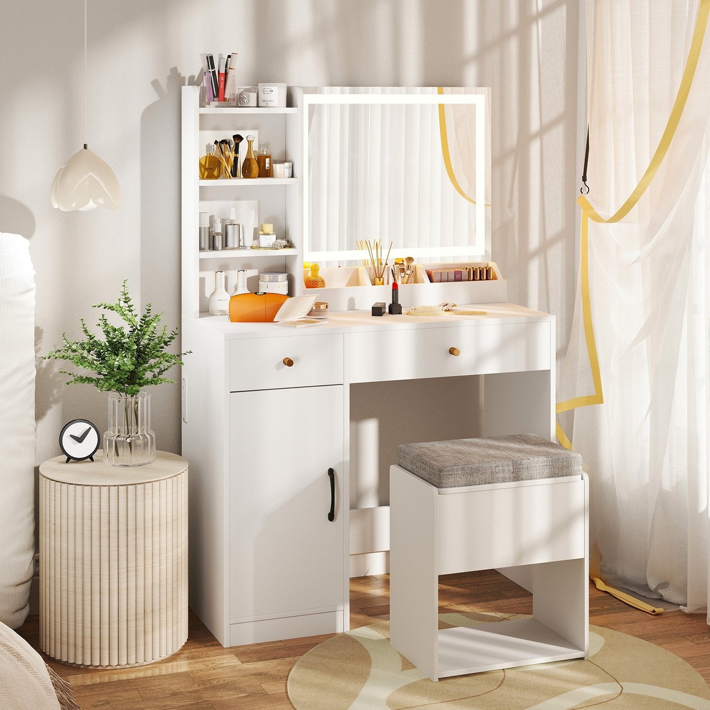 Vanity Dressing Table and Chair Set with Mirror and Lights-Black