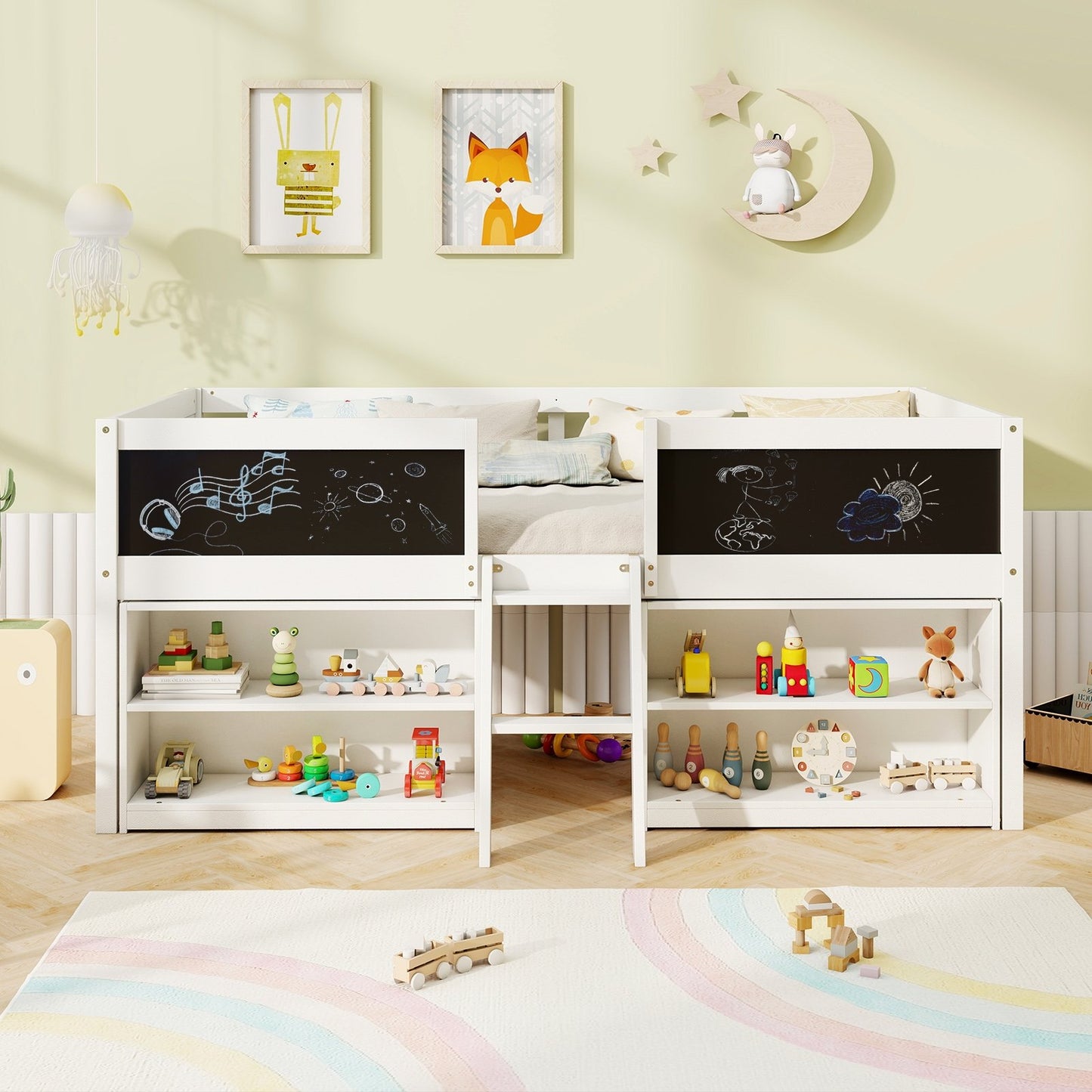 Kid Twin Size Low Loft Bed with Chalkboard Ramp Ladder and Bookcases-Gray