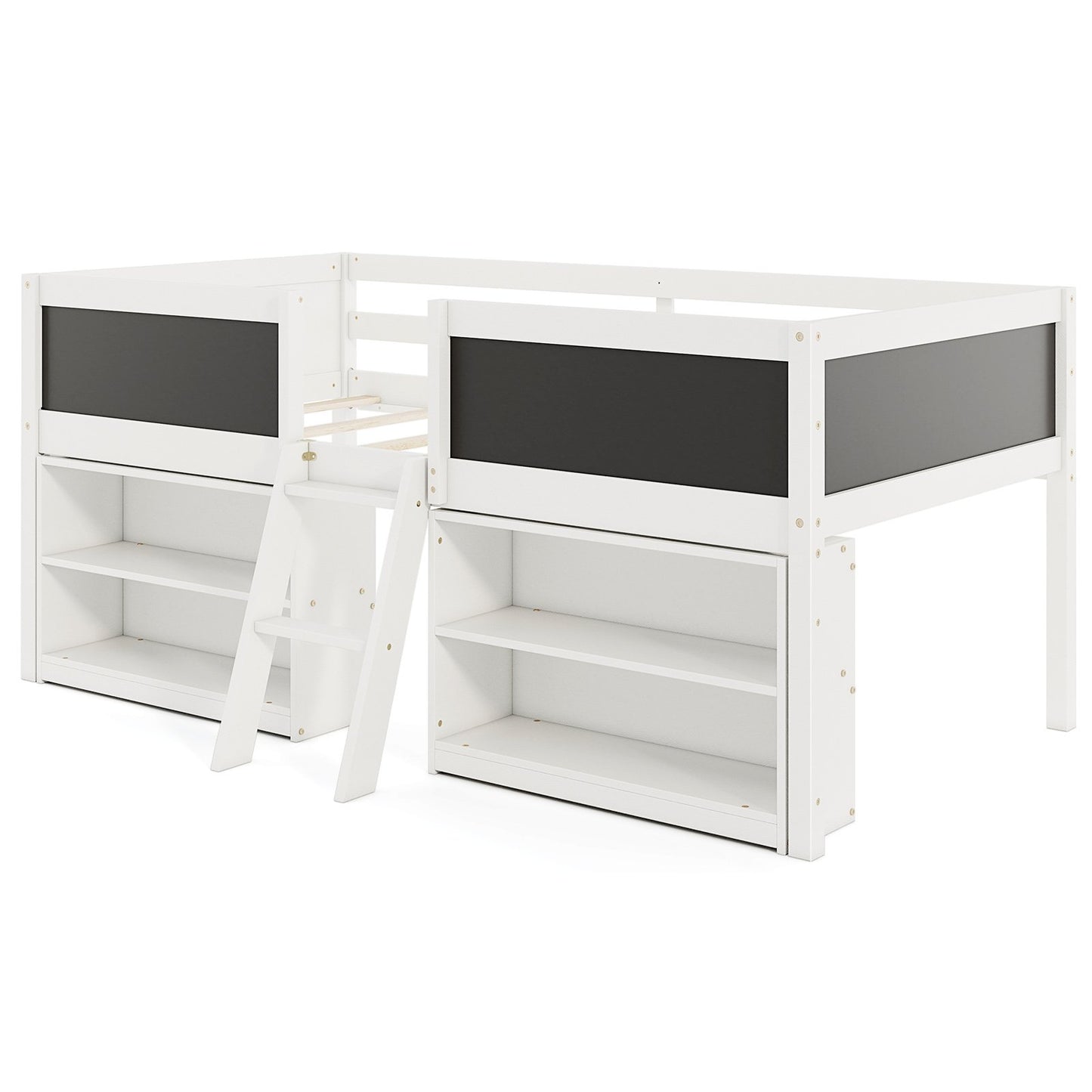 Kid Twin Size Low Loft Bed with Chalkboard Ramp Ladder and Bookcases-Gray