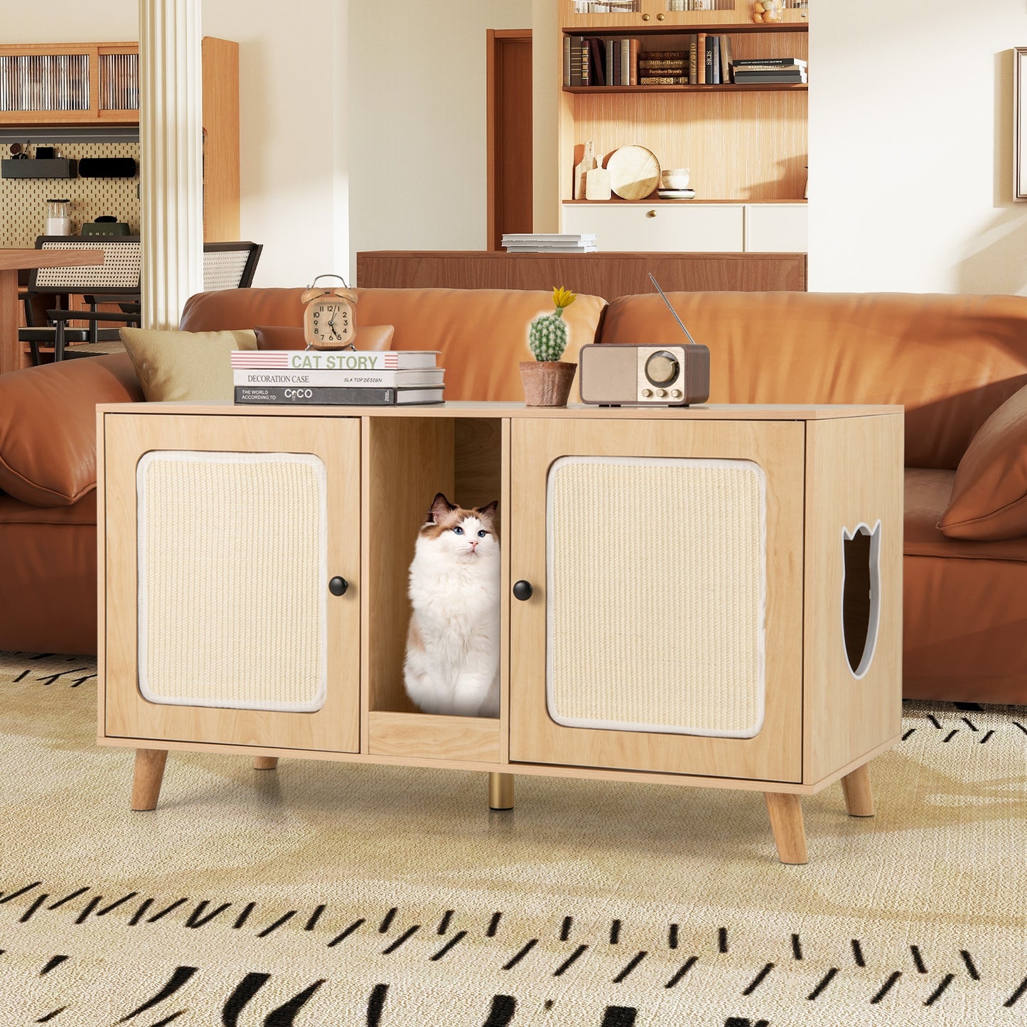 43 Inches Cat Litter Box Enclosure with Double Rooms and 2 Sisal Scratching Mats-Natural