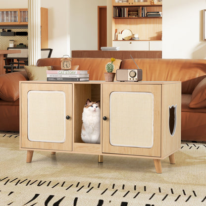 43 Inches Cat Litter Box Enclosure with Double Rooms and 2 Sisal Scratching Mats-Natural