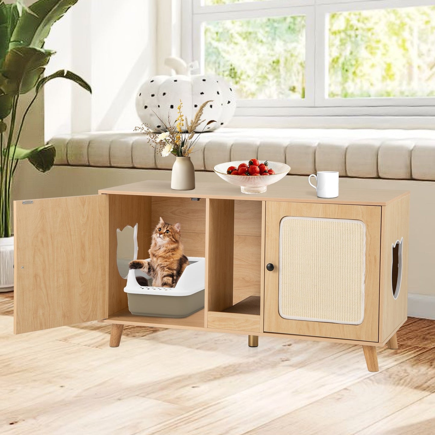 43 Inches Cat Litter Box Enclosure with Double Rooms and 2 Sisal Scratching Mats-Natural